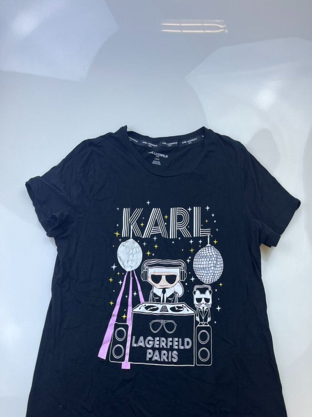 Karl Lagerfeld Paris Navy Blue "Disco Karl" Rhinestone Logo Graphic Tee N255-65